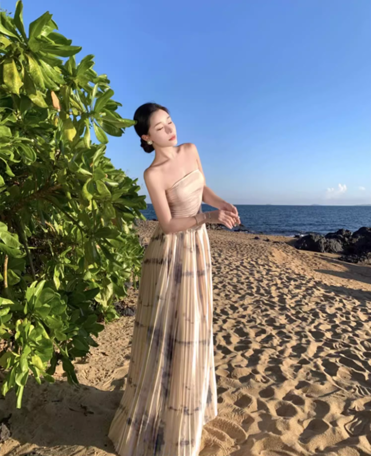 Gorgeous Pressed Pleat Hem Flowy Maxi Dress Retro Scenic Vacays Soft Fabric Cinched-Waist Long Dress AP1469