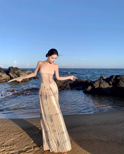 Gorgeous Pressed Pleat Hem Flowy Maxi Dress Retro Scenic Vacays Soft Fabric Cinched-Waist Long Dress AP1469