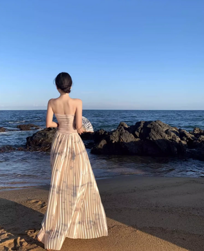 Gorgeous Pressed Pleat Hem Flowy Maxi Dress Retro Scenic Vacays Soft Fabric Cinched-Waist Long Dress AP1469