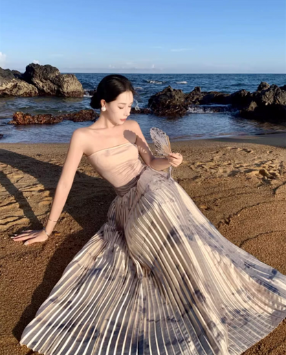 Gorgeous Pressed Pleat Hem Flowy Maxi Dress Retro Scenic Vacays Soft Fabric Cinched-Waist Long Dress AP1469