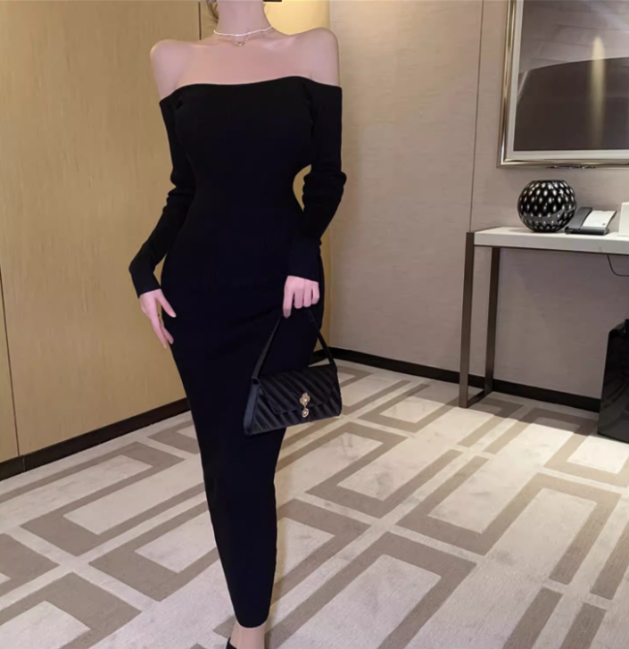 Luxurious Sheath Minimalist Long Sleeve Black Maxi Dress Chic Backless Cinched-Waist Off-Shoulder Long Dress AP1470