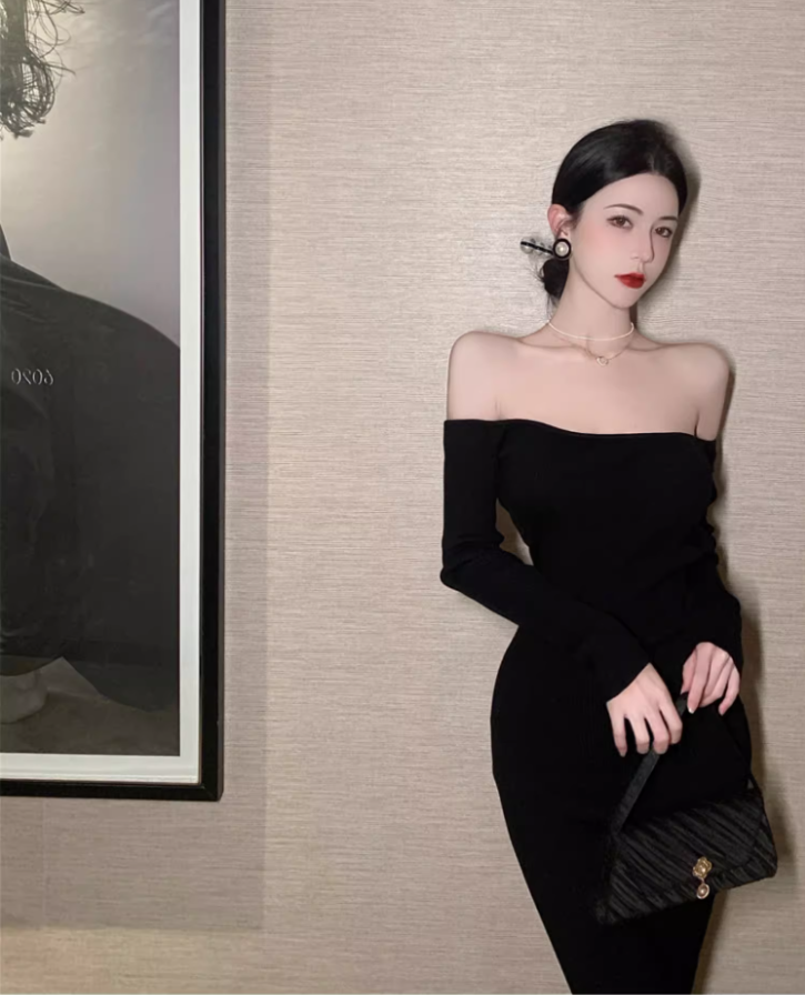 Luxurious Sheath Minimalist Long Sleeve Black Maxi Dress Chic Backless Cinched-Waist Off-Shoulder Long Dress AP1470