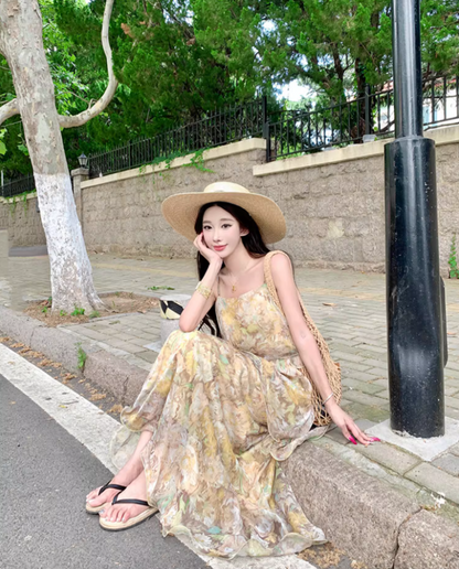 Romantic Floral Print Island Vacation Maxi Dress Chic Flowy Spaghetti Strap Tiered Ruffles Hem Long Dress AP1471