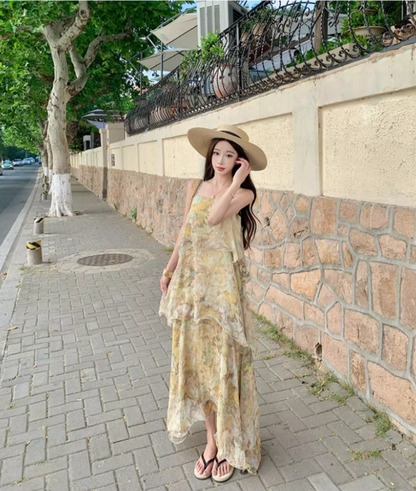 Romantic Floral Print Island Vacation Maxi Dress Chic Flowy Spaghetti Strap Tiered Ruffles Hem Long Dress AP1471