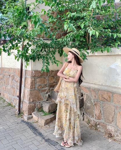Romantic Floral Print Island Vacation Maxi Dress Chic Flowy Spaghetti Strap Tiered Ruffles Hem Long Dress AP1471