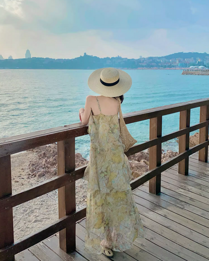 Romantic Floral Print Island Vacation Maxi Dress Chic Flowy Spaghetti Strap Tiered Ruffles Hem Long Dress AP1471