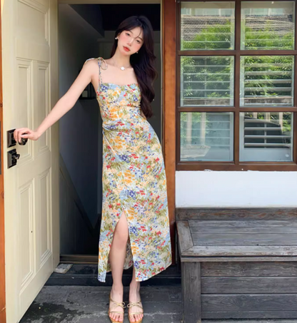 Chic Floral Print Island Vacation High-Slit Maxi Dress Vintage Gathered Adjustable Spaghetti Strap Long Dress AP1472