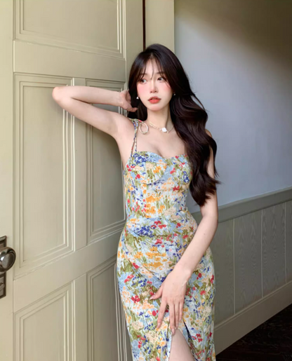 Chic Floral Print Island Vacation High-Slit Maxi Dress Vintage Gathered Adjustable Spaghetti Strap Long Dress AP1472