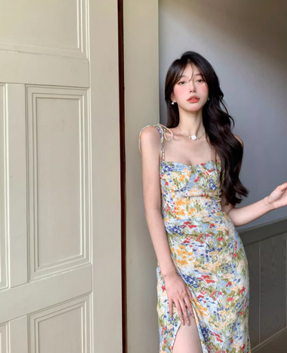 Chic Floral Print Island Vacation High-Slit Maxi Dress Vintage Gathered Adjustable Spaghetti Strap Long Dress AP1472