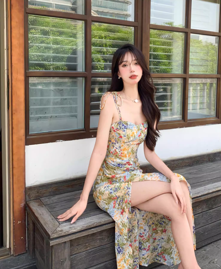Chic Floral Print Island Vacation High-Slit Maxi Dress Vintage Gathered Adjustable Spaghetti Strap Long Dress AP1472
