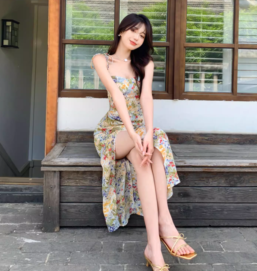 Chic Floral Print Island Vacation High-Slit Maxi Dress Vintage Gathered Adjustable Spaghetti Strap Long Dress AP1472