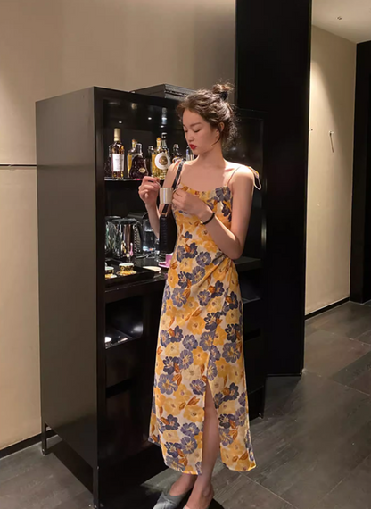 French Style Floral Print High-Slit Maxi Dress Classical Island Vacation Adjustable Spaghetti Strap Long Dress AP1473