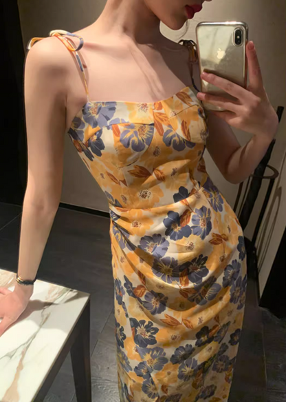 French Style Floral Print High-Slit Maxi Dress Classical Island Vacation Adjustable Spaghetti Strap Long Dress AP1473