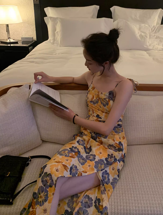 French Style Floral Print High-Slit Maxi Dress Classical Island Vacation Adjustable Spaghetti Strap Long Dress AP1473
