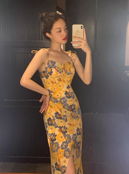 French Style Floral Print High-Slit Maxi Dress Classical Island Vacation Adjustable Spaghetti Strap Long Dress AP1473
