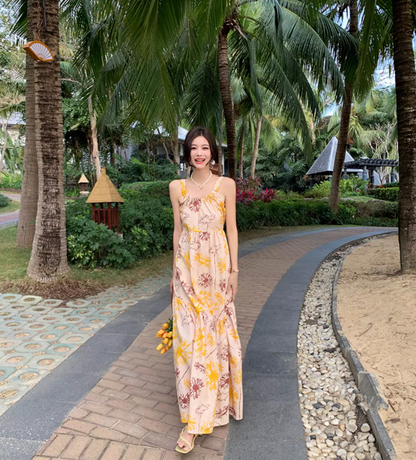 French Style Tie-Back Coastal Trips Maxi Dress Chic Floral Print High-Waisted Long Dress AP1474