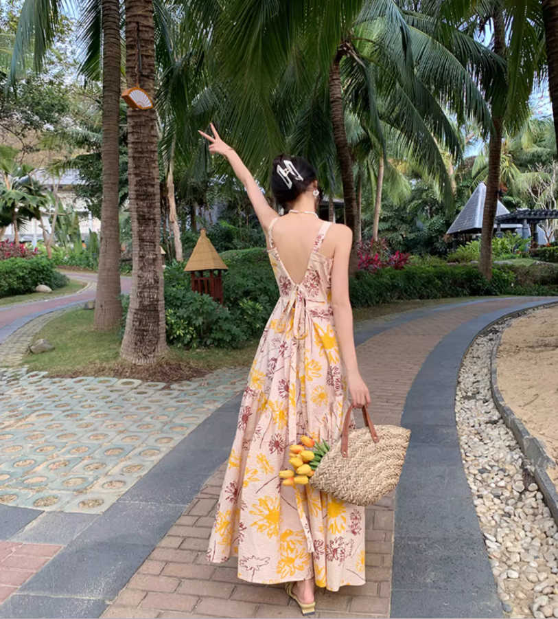 French Style Tie-Back Coastal Trips Maxi Dress Chic Floral Print High-Waisted Long Dress AP1474