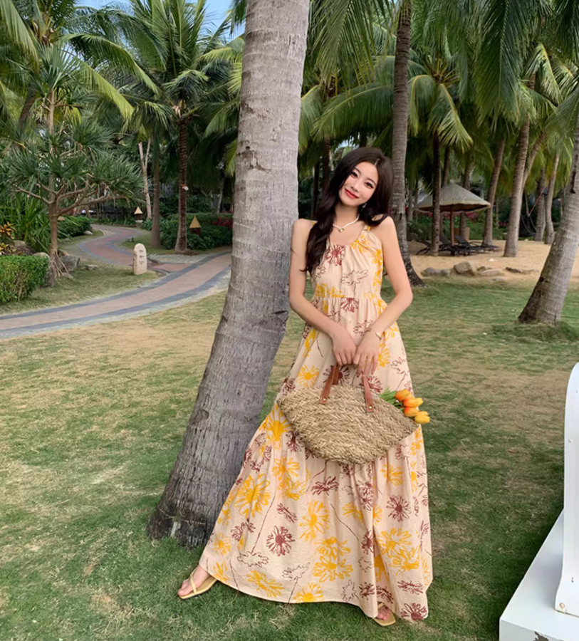 French Style Tie-Back Coastal Trips Maxi Dress Chic Floral Print High-Waisted Long Dress AP1474