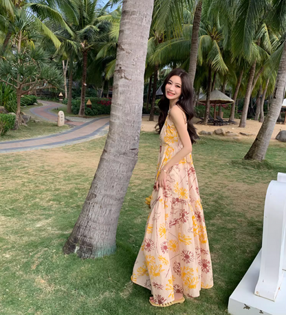 French Style Tie-Back Coastal Trips Maxi Dress Chic Floral Print High-Waisted Long Dress AP1474