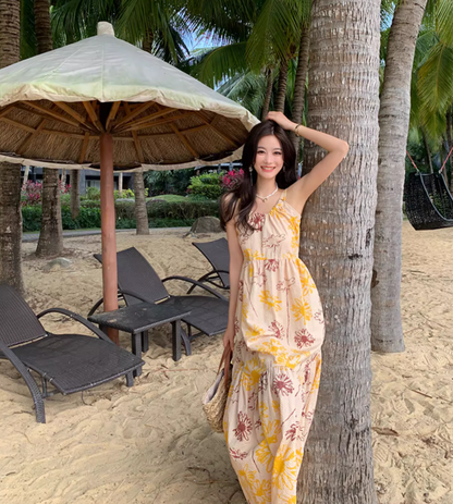 French Style Tie-Back Coastal Trips Maxi Dress Chic Floral Print High-Waisted Long Dress AP1474