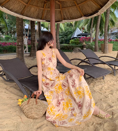 French Style Tie-Back Coastal Trips Maxi Dress Chic Floral Print High-Waisted Long Dress AP1474