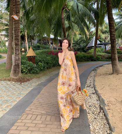 French Style Tie-Back Coastal Trips Maxi Dress Chic Floral Print High-Waisted Long Dress AP1474