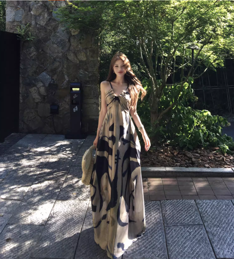 Boho Style Artistic Silhouette Black Accents Maxi Dress Casual Flowy Lightweight Spaghetti Strap Long Dress AP1475