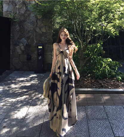 Boho Style Artistic Silhouette Black Accents Maxi Dress Casual Flowy Lightweight Spaghetti Strap Long Dress AP1475