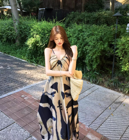 Boho Style Artistic Silhouette Black Accents Maxi Dress Casual Flowy Lightweight Spaghetti Strap Long Dress AP1475