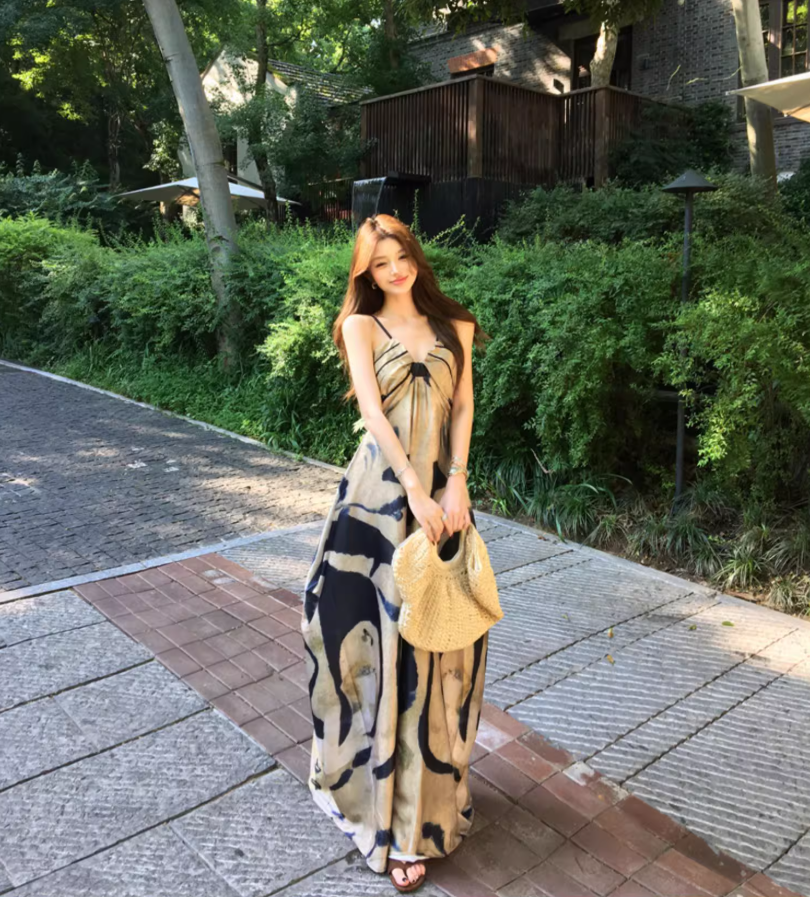 Boho Style Artistic Silhouette Black Accents Maxi Dress Casual Flowy Lightweight Spaghetti Strap Long Dress AP1475