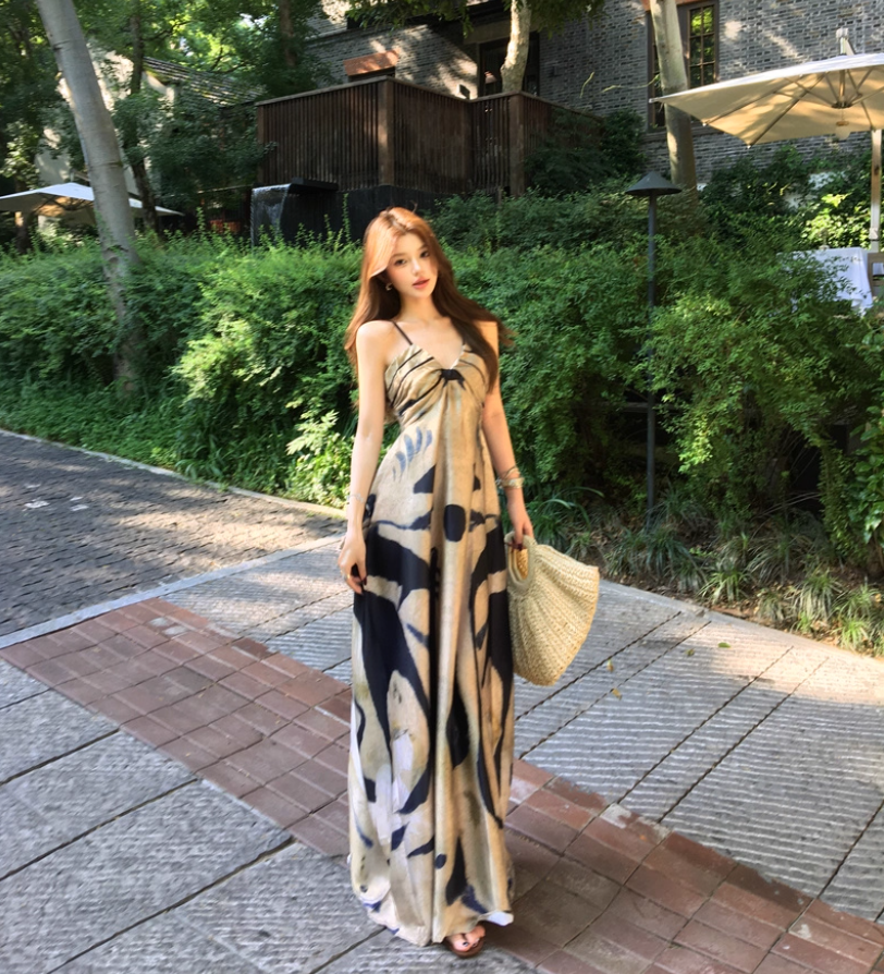 Boho Style Artistic Silhouette Black Accents Maxi Dress Casual Flowy Lightweight Spaghetti Strap Long Dress AP1475