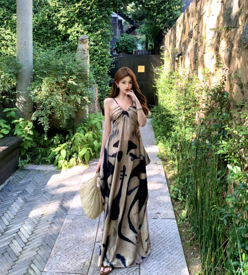 Boho Style Artistic Silhouette Black Accents Maxi Dress Casual Flowy Lightweight Spaghetti Strap Long Dress AP1475