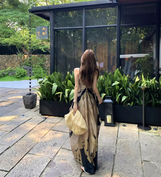 Boho Style Artistic Silhouette Black Accents Maxi Dress Casual Flowy Lightweight Spaghetti Strap Long Dress AP1475