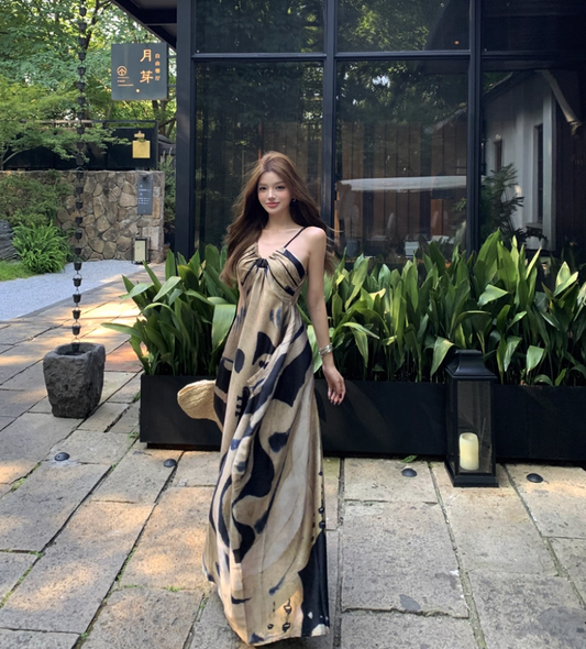 Boho Style Artistic Silhouette Black Accents Maxi Dress Casual Flowy Lightweight Spaghetti Strap Long Dress AP1475