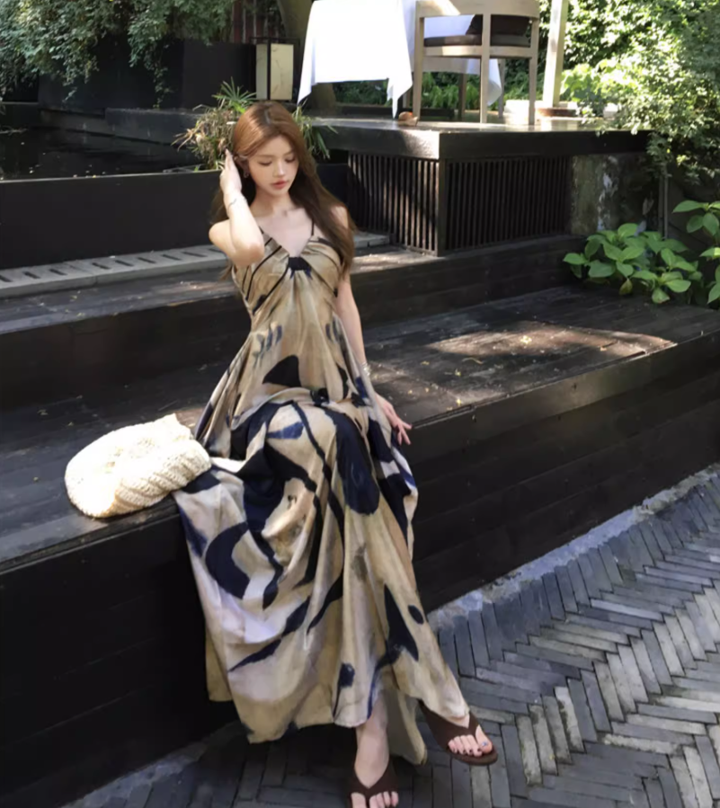 Boho Style Artistic Silhouette Black Accents Maxi Dress Casual Flowy Lightweight Spaghetti Strap Long Dress AP1475