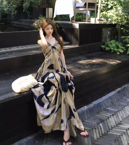 Boho Style Artistic Silhouette Black Accents Maxi Dress Casual Flowy Lightweight Spaghetti Strap Long Dress AP1475