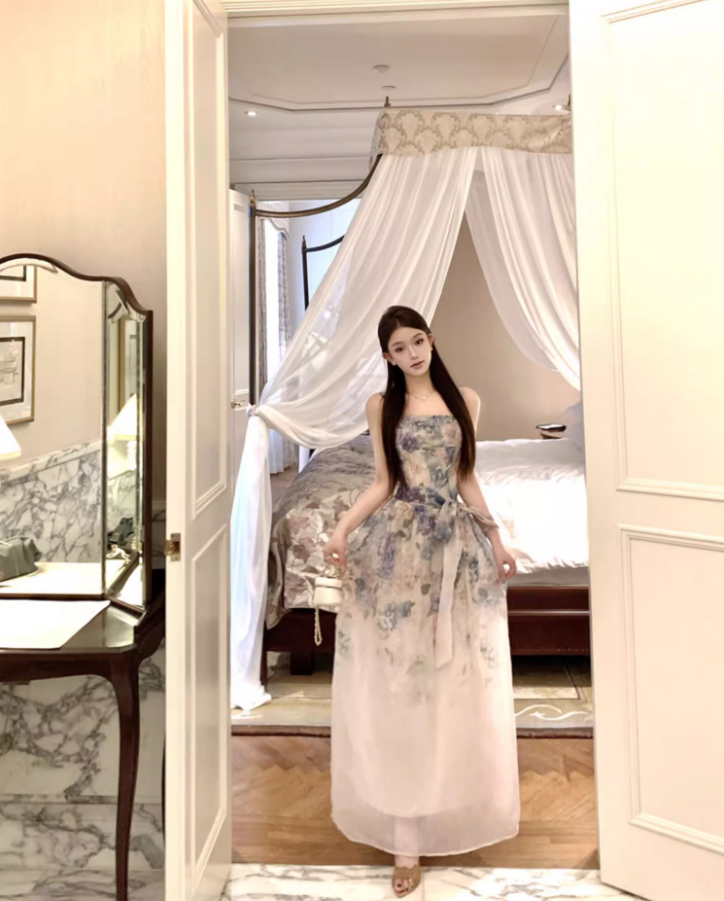 Romantic Colorful Floral Print Double Layers Maxi Dress French Style Spaghetti Strap Sheer Mesh Overlay Long Dress AP1476