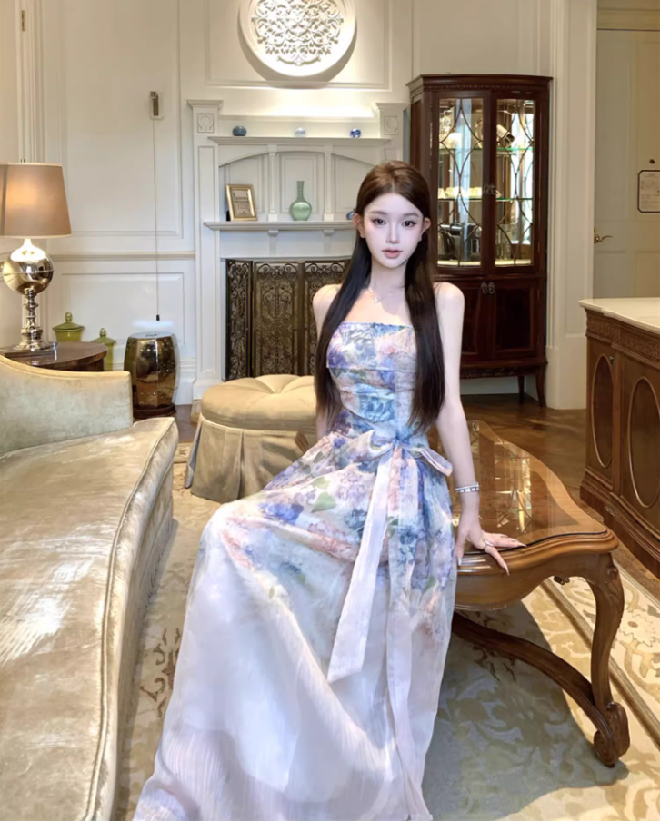 Romantic Colorful Floral Print Double Layers Maxi Dress French Style Spaghetti Strap Sheer Mesh Overlay Long Dress AP1476