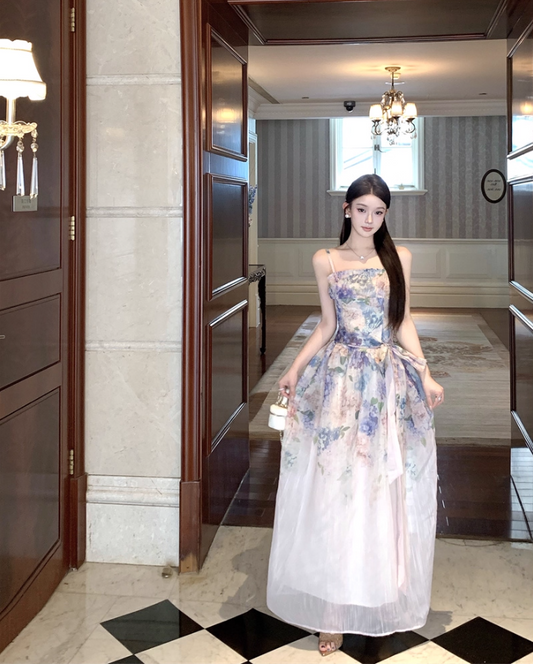 Romantic Colorful Floral Print Double Layers Maxi Dress French Style Spaghetti Strap Sheer Mesh Overlay Long Dress AP1476