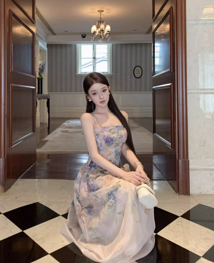 Romantic Colorful Floral Print Double Layers Maxi Dress French Style Spaghetti Strap Sheer Mesh Overlay Long Dress AP1476