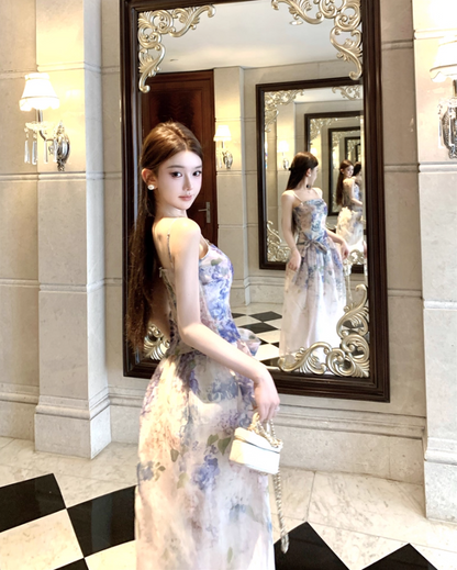 Romantic Colorful Floral Print Double Layers Maxi Dress French Style Spaghetti Strap Sheer Mesh Overlay Long Dress AP1476