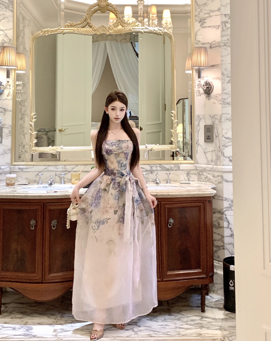 Romantic Colorful Floral Print Double Layers Maxi Dress French Style Spaghetti Strap Sheer Mesh Overlay Long Dress AP1476