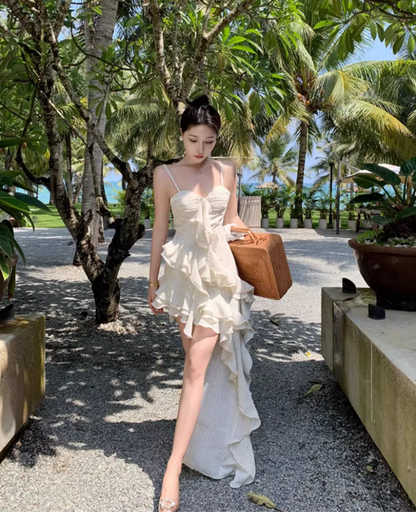 Alluring Tiered Ruffles Swing Hem Maxi Dress French Style Spaghetti Strap Hi-Lo Length Long Dress AP1477