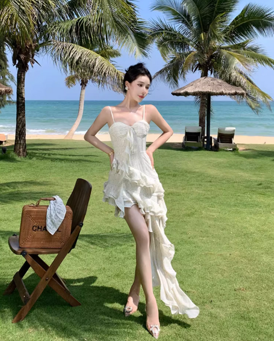 Alluring Tiered Ruffles Swing Hem Maxi Dress French Style Spaghetti Strap Hi-Lo Length Long Dress AP1477