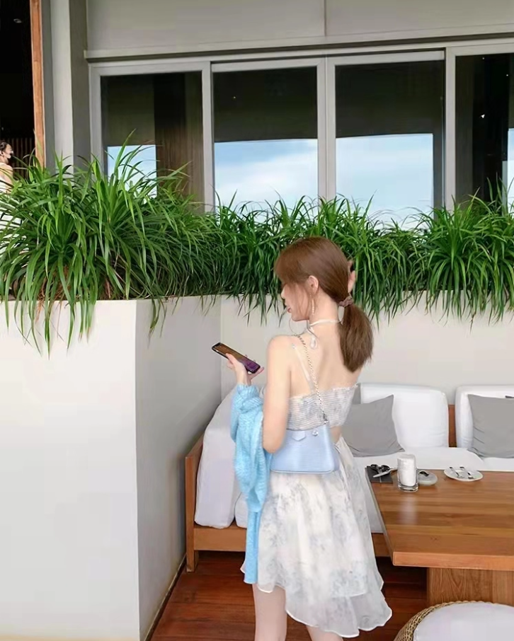 Chic Open-Waist Tiered Swing Hem Maxi Dress French Style Spaghetti Strap Blue Sheer Mesh Overlay Long Dress AP1478