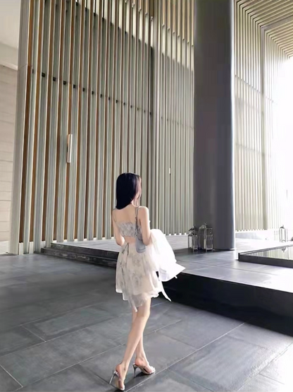 Chic Open-Waist Tiered Swing Hem Maxi Dress French Style Spaghetti Strap Blue Sheer Mesh Overlay Long Dress AP1478