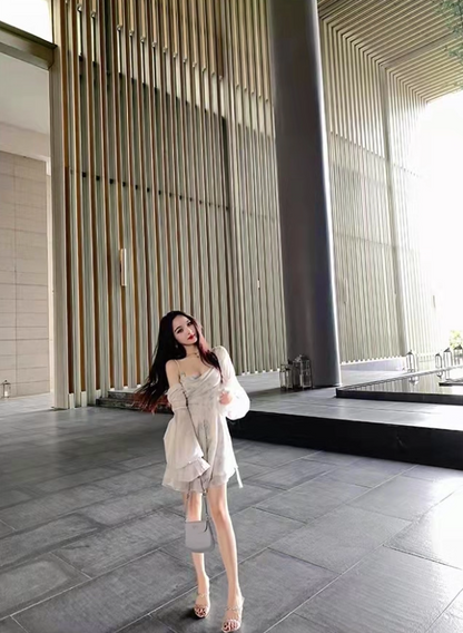 Chic Open-Waist Tiered Swing Hem Maxi Dress French Style Spaghetti Strap Blue Sheer Mesh Overlay Long Dress AP1478