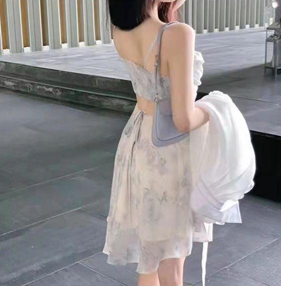 Chic Open-Waist Tiered Swing Hem Maxi Dress French Style Spaghetti Strap Blue Sheer Mesh Overlay Long Dress AP1478