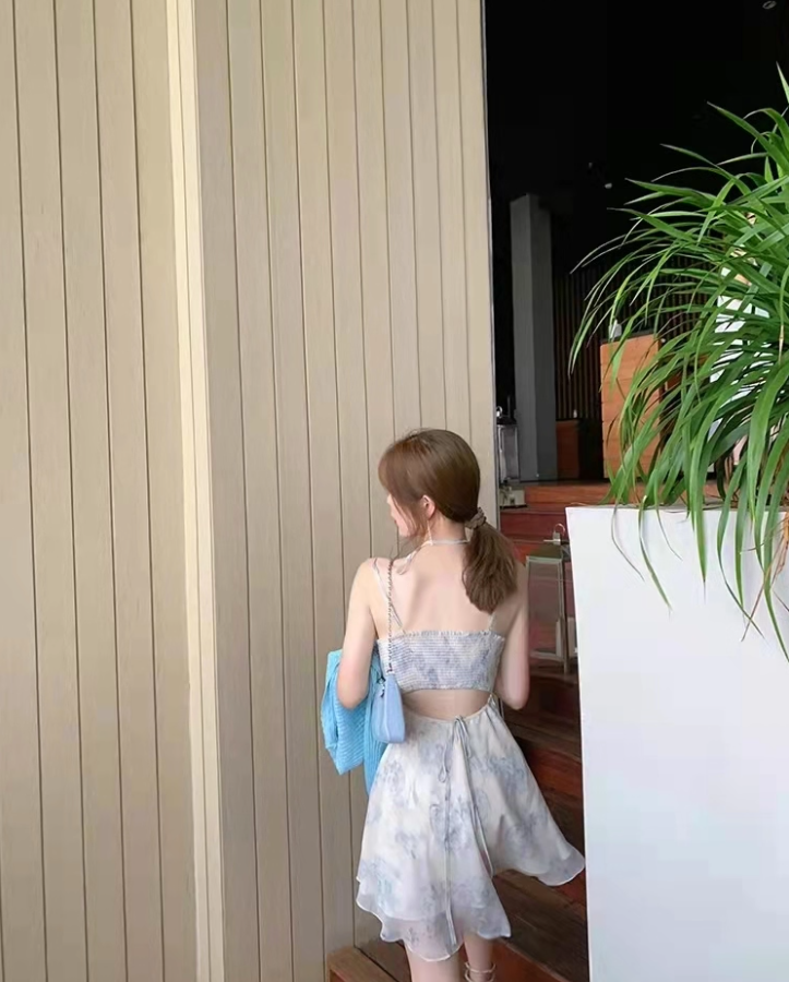 Chic Open-Waist Tiered Swing Hem Maxi Dress French Style Spaghetti Strap Blue Sheer Mesh Overlay Long Dress AP1478