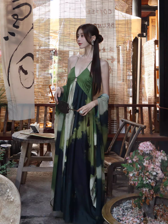 Vogue Ink Wash Gradient Bamboo-Green Maxi Dress With Stole Vintage Spaghetti Strap East Elegance Long Dress AP1479
